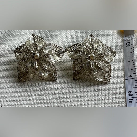 Vintage German Silver-Tone Floral Clip-On Earrings with Faux Pearl Centers - Picture 2 of 3